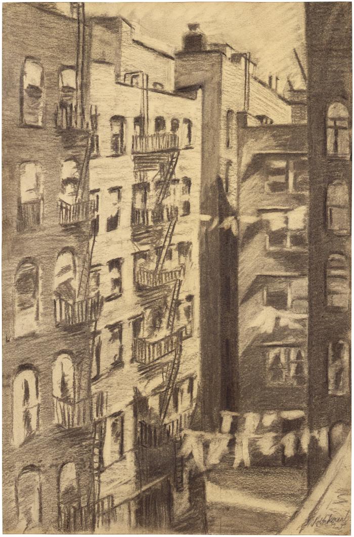 [Apartment buildings with fire escapes]