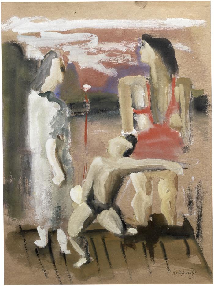 [Three figures, one with racquet and ball]