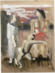 [Three figures, one with racquet and ball]