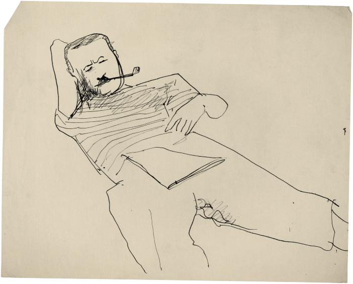 [Reclining man smoking pipe]