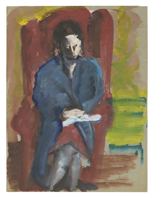 [Woman in red armchair]