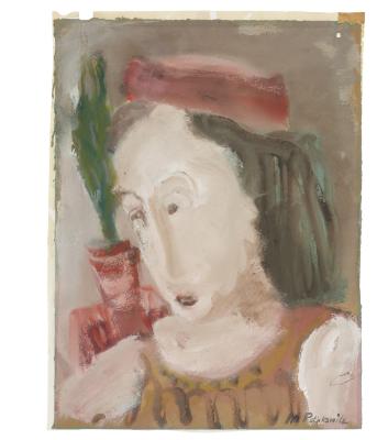[Bust of woman wearing red hat]