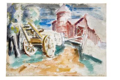 [Farm scene with barn and silo]