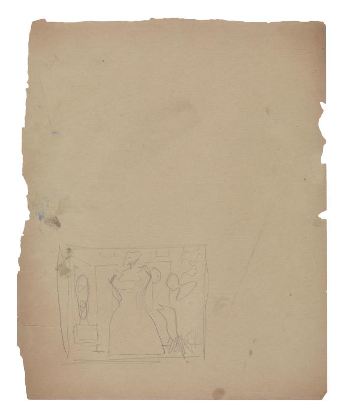 [Standing woman in interior with sculptures]