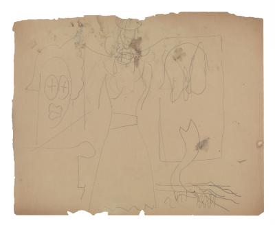 [Standing woman in interior with sculptures]
