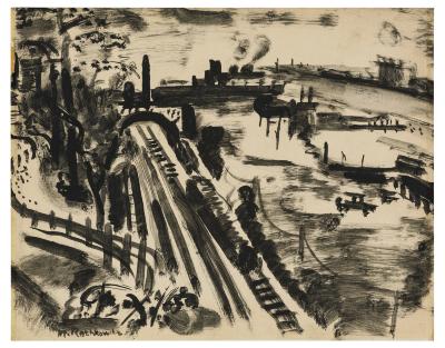 [Railroad track alongside river]
