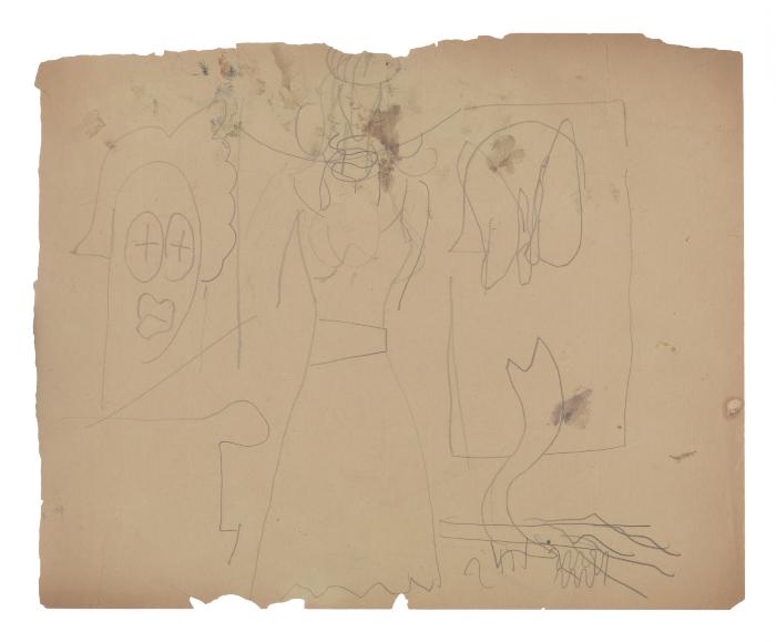 [Standing woman in interior with sculptures]