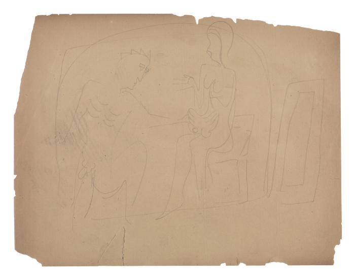 [Seated male nude and female nude in chair]