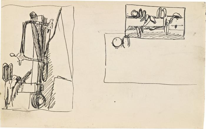 [Still life with hack saw and scissors / still life with mallet, scissors, and two gloves] Marshall Jenkins Sketchbook, page 39