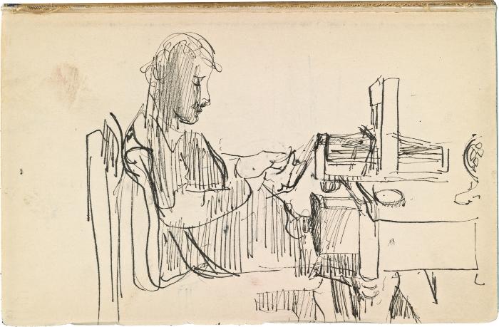 [Woman seated at table with loom] Marshall Jenkins Sketchbook, page 7