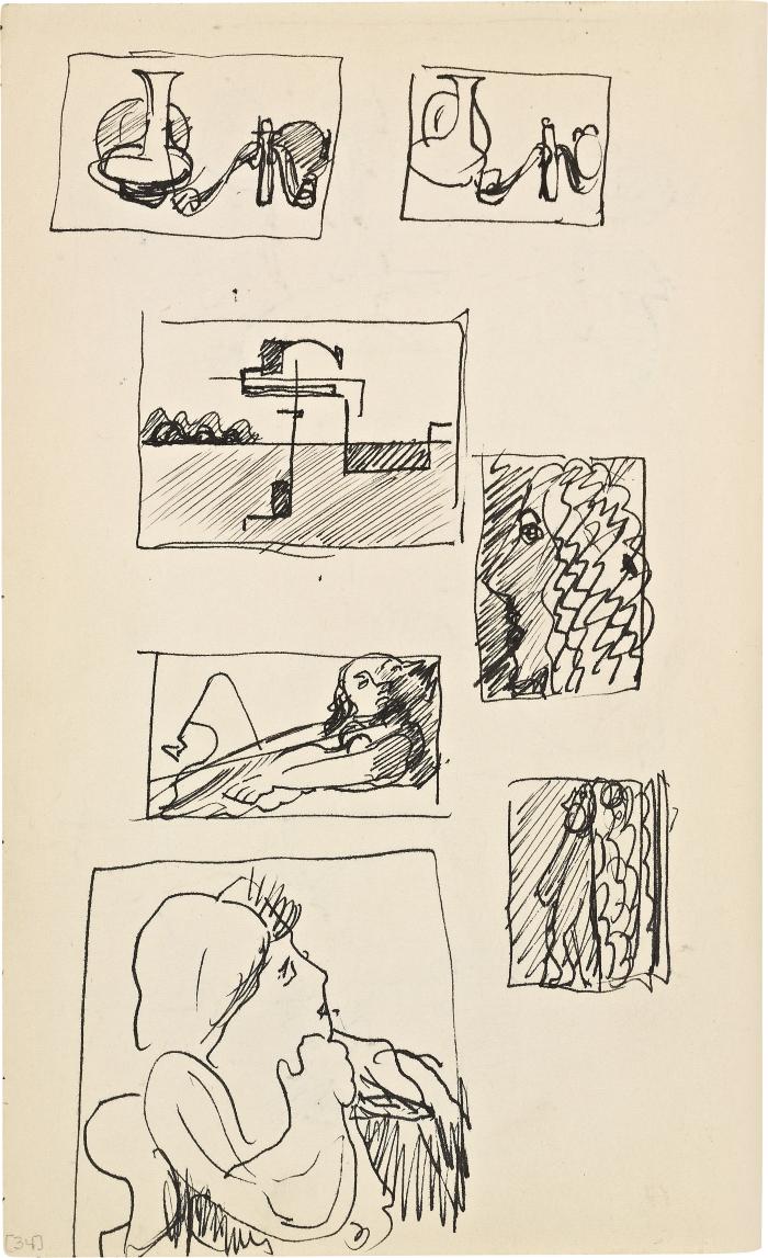 [Still life with vase, pipes, candlestick, two studies / heads / seated woman, two studies] Marshall Jenkins Sketchbook, page 34