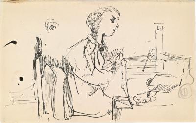 [Woman seated at table with loom] Marshall Jenkins Sketchbook, page 9