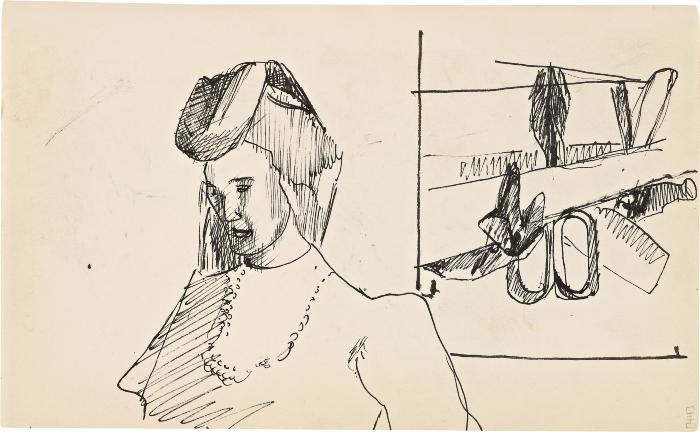 [Bust of a woman / still life with mallet, hammer, tin snips, and glove] Marshall Jenkins Sketchbook, page 44
