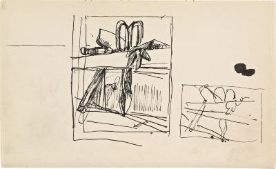 [Still life with mallet, hammer, tin snips, and glove] Marshall Jenkins Sketchbook, page 42