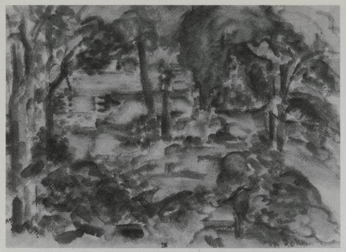[Forest interior with cabin]