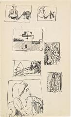 [Still life with vase, pipes, candlestick, two studies / heads / seated woman, two studies] Marshall Jenkins Sketchbook, page 34