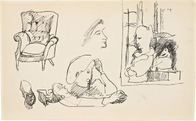[Armchair / still life with statues / heads / shoes] Marshall Jenkins Sketchbook, page 33