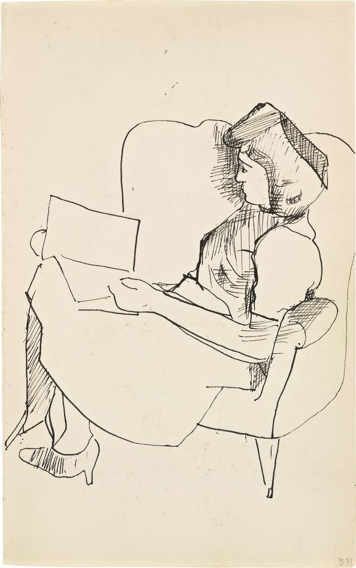 [Woman in chair reading] Marshall Jenkins Sketchbook, page 53