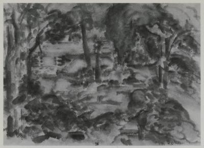 [Forest interior with cabin]
