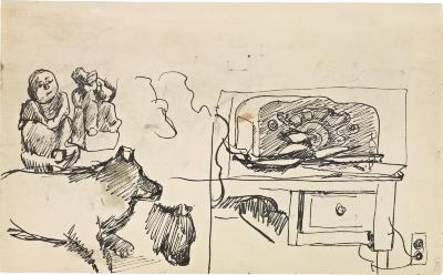 [Statues / dog / still life with radio] Marshall Jenkins Sketchbook, page 38