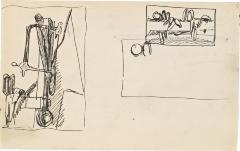 [Still life with hack saw and scissors / still life with mallet, scissors, and two gloves] Marshall Jenkins Sketchbook, page 39