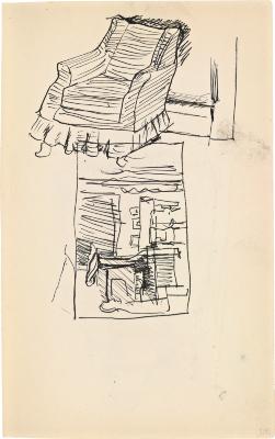 [Interior with piano / armchair] Marshall Jenkins Sketchbook, page 13