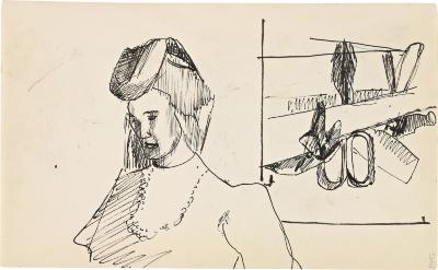 [Bust of a woman / still life with mallet, hammer, tin snips, and glove] Marshall Jenkins Sketchbook, page 44