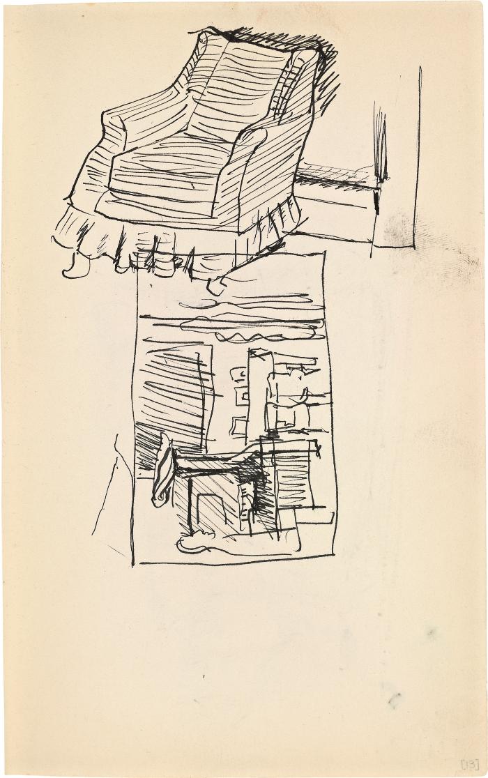 [Interior with piano / armchair] Marshall Jenkins Sketchbook, page 13