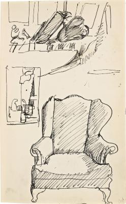 [Still life with hat / handsaw and vise / armchair] Marshall Jenkins Sketchbook, page 37