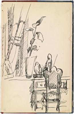 [Interior with desk, chair, potted plant, and statues] Marshall Jenkins Sketchbook, page 4