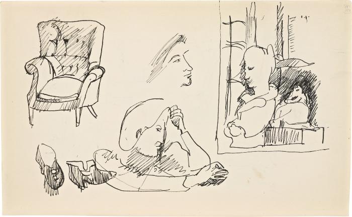 [Armchair / still life with statues / heads / shoes] Marshall Jenkins Sketchbook, page 33
