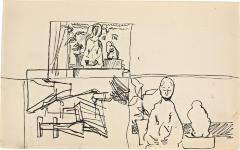 [Standing woman painting / still life with statues, two studies] Marshall Jenkins Sketchboook, page 27