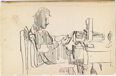 [Woman seated at table with loom] Marshall Jenkins Sketchbook, page 7