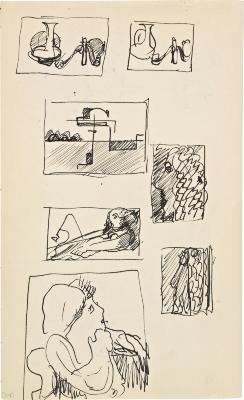 [Still life with vase, pipes, candlestick, two studies / heads / seated woman, two studies] Marshall Jenkins Sketchbook, page 34