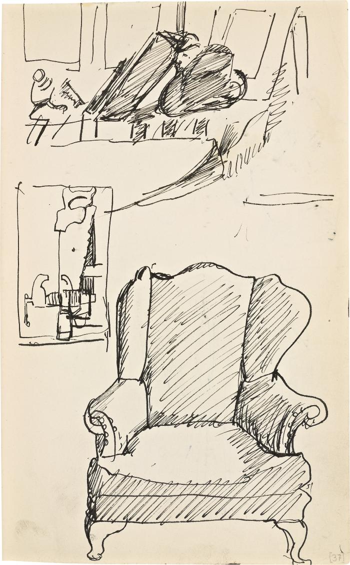 [Still life with hat / handsaw and vise / armchair] Marshall Jenkins Sketchbook, page 37