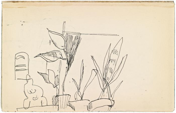 [Potted plants and sculpture] Marshall Jenkins Sketchbook, page 3