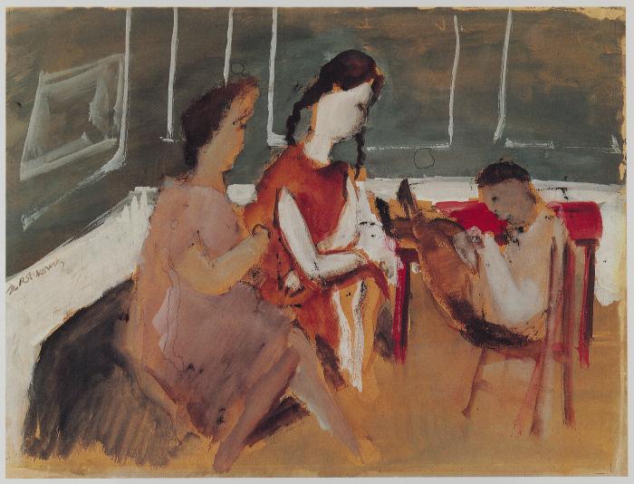 [Three seated figures]
