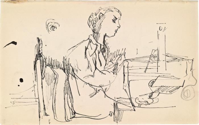 [Woman seated at table with loom] Marshall Jenkins Sketchbook, page 9