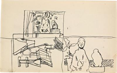 [Standing woman painting / still life with statues, two studies] Marshall Jenkins Sketchboook, page 27