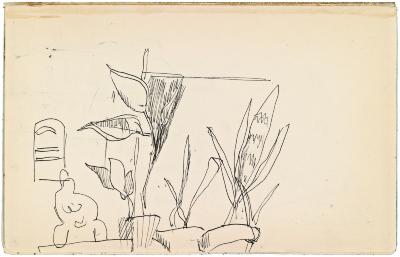 [Potted plants and sculpture] Marshall Jenkins Sketchbook, page 3