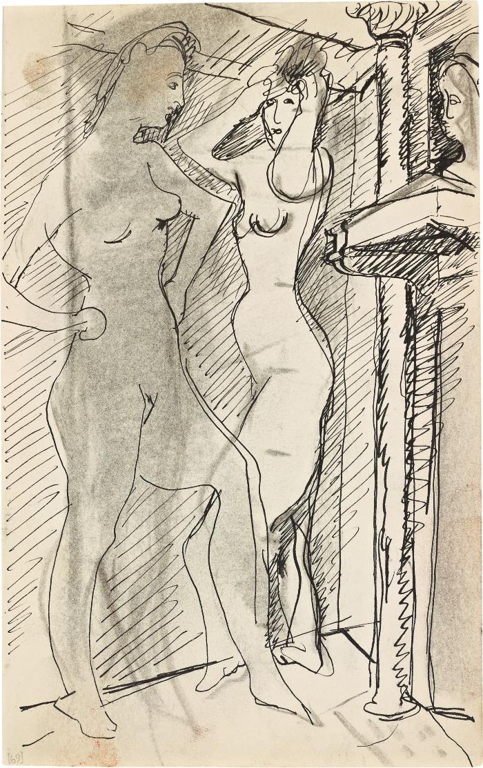 [Two female nudes standing by a fireplace] Marshall Jenkins Sketchbook, page 69