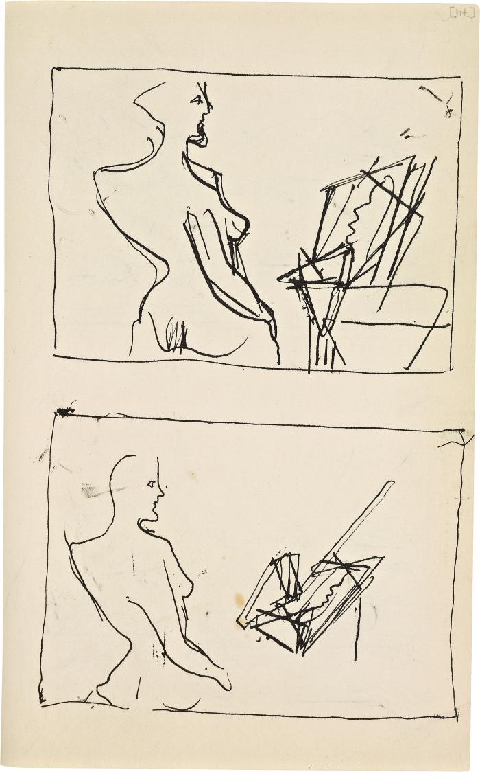 [Standing female nude with drafting table, two studies] Marshall Jenkins Sketchbook, page 74