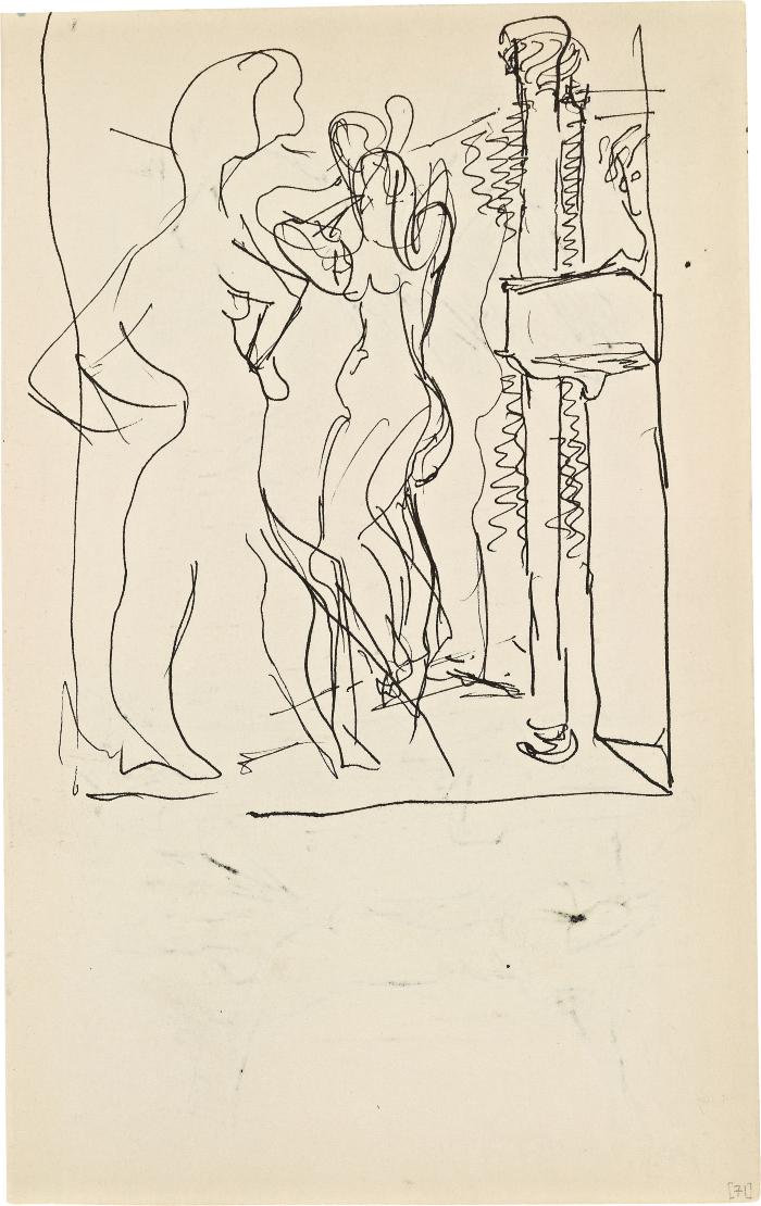 [Two female nudes standing by a fireplace] Marshall Jenkins Sketchbook, page 71