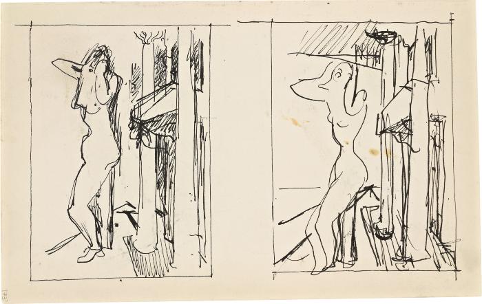 [Two female nudes standing by a fireplace, two studies] Marshall Jenkins Sketchbook, page 73